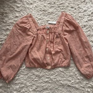 Madewell puff-sleeve button-front crop top in embroidered stripe